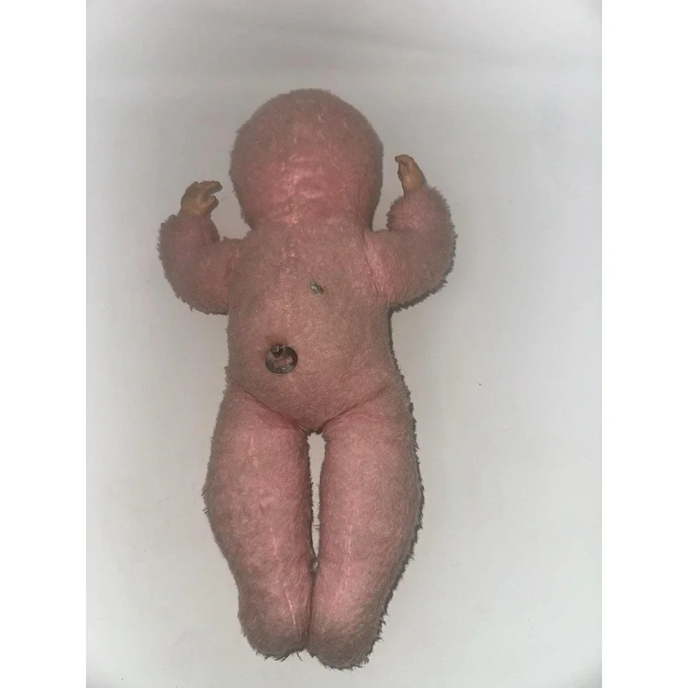 Vintage 1950s Rushton Rubber Face Baby Doll – Pink Plush Sleeper – Working Music